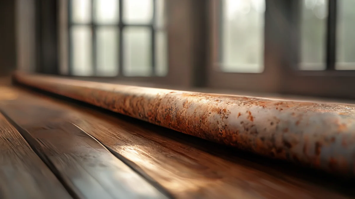 Eine lange, schmale Metallrohre, rostige Oberfläche, auf einem Holztisch, weiches Fensterlicht, flaches Tiefenbereich, photorealistisch, scharfe Schärfe, hohe Details
