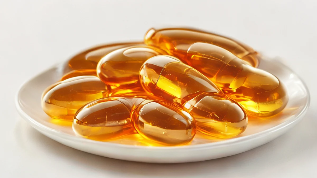 Omega-3 fish oil softgels in transparent capsule form, containing fish oil for heart and brain health.