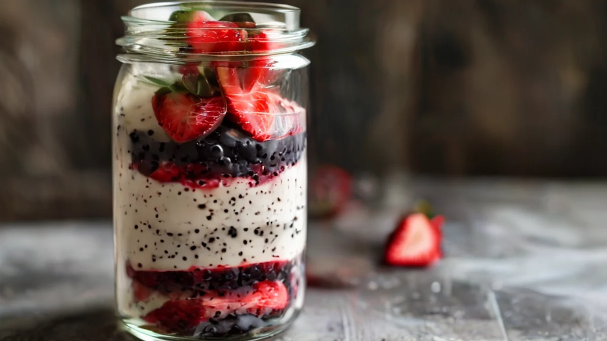 A clear glass jar containing overnight oats, ready to be eaten the next day.