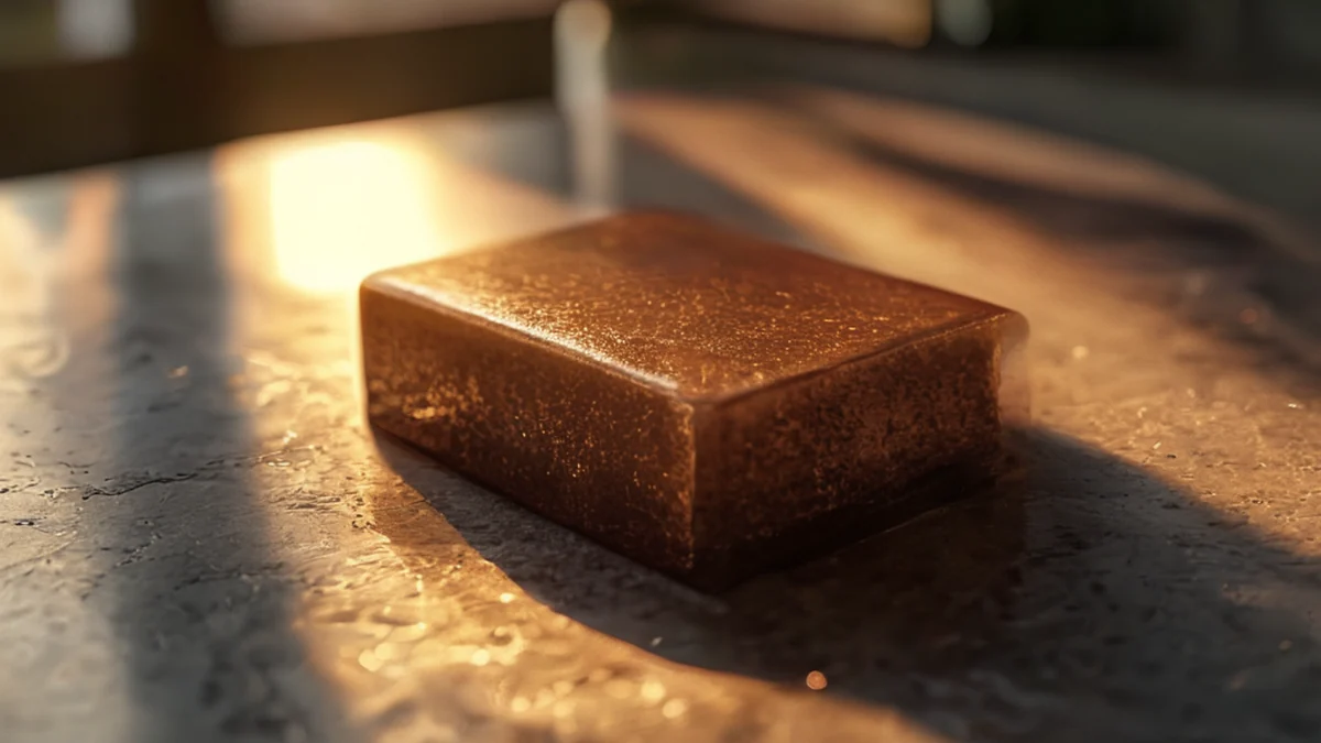 Un bloque rectangular denso de probiótico, superficie marrón, iluminación de hora dorada, reposando sobre una mesa de concreto, profundidad de campo suave, fotorealista, enfoque nítido, detalles altos
