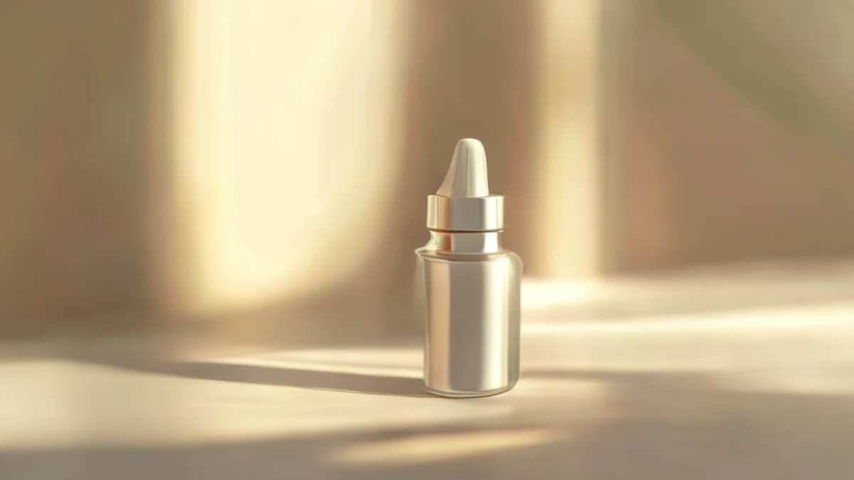 Una pequeña botella de serum para la piel de plata, con un mango curvo y superficie lisa, sobre una mesa blanca bajo una luz cálida, campo de profundidad suave, foto realista, detalles altos.