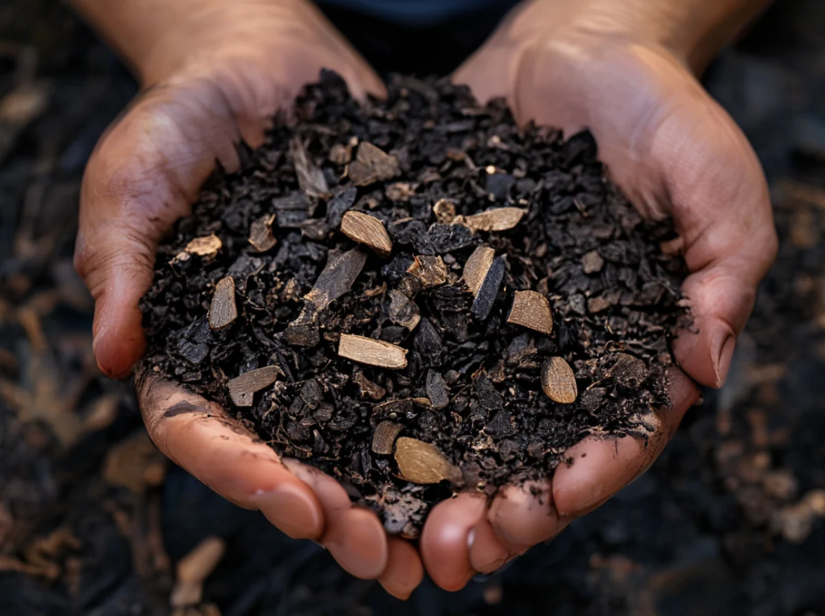 Una cucharada de compost orgánico oscuro, rico en nutrientes, amendamento natural del suelo