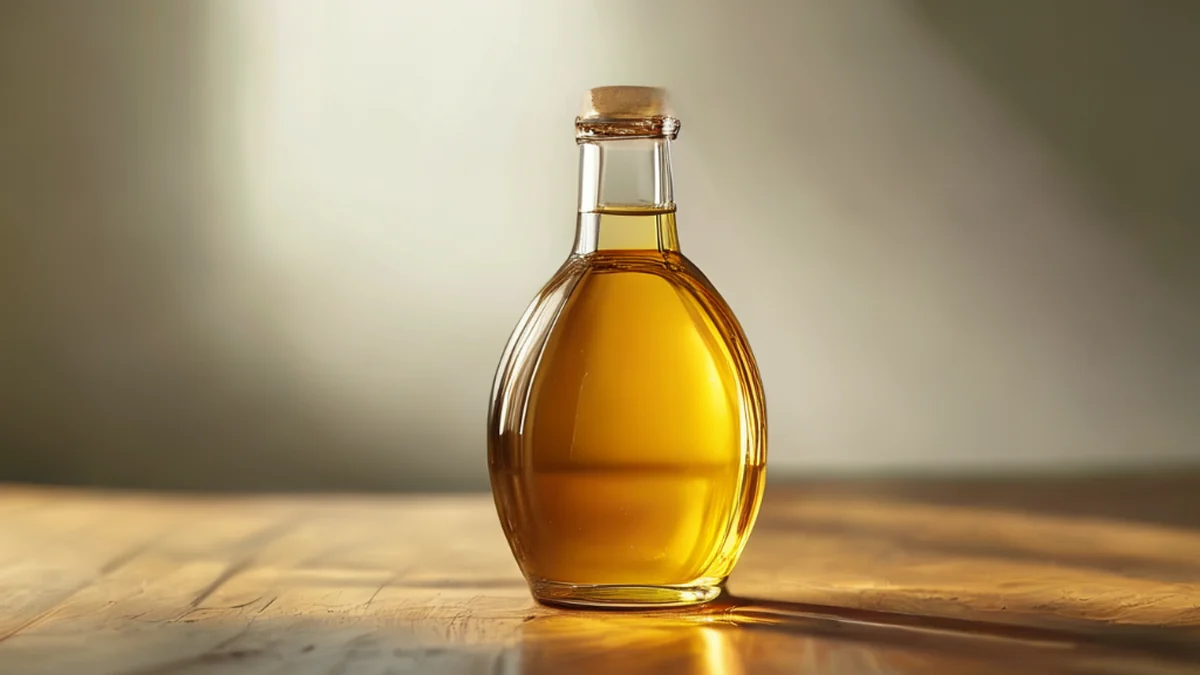 Bouteille en verre avec de l'huile d'olive et bouchon en métal.
