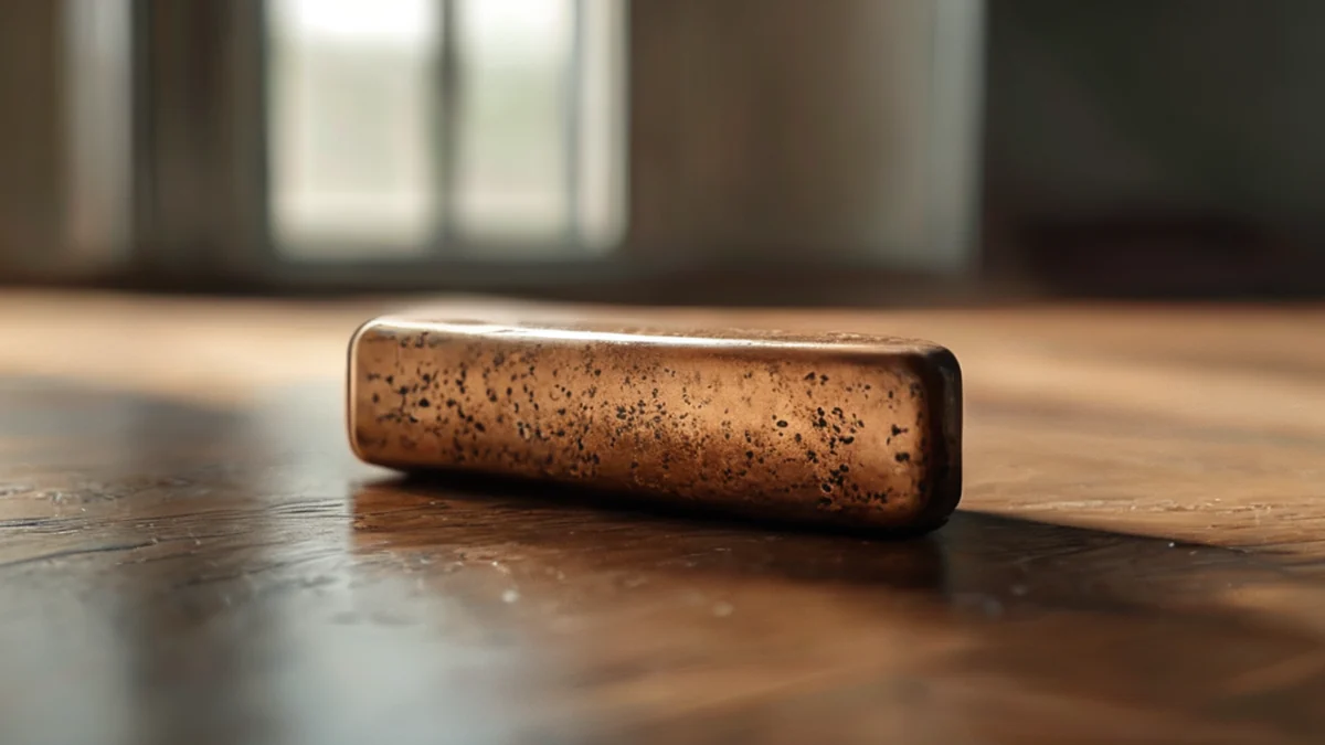 Une seule visseuse oxydée, centrée, avec une surface rouillée, forme rectangulaire, texture creusée, sur une table en bois simple, sous une lumière douce de fenêtre.