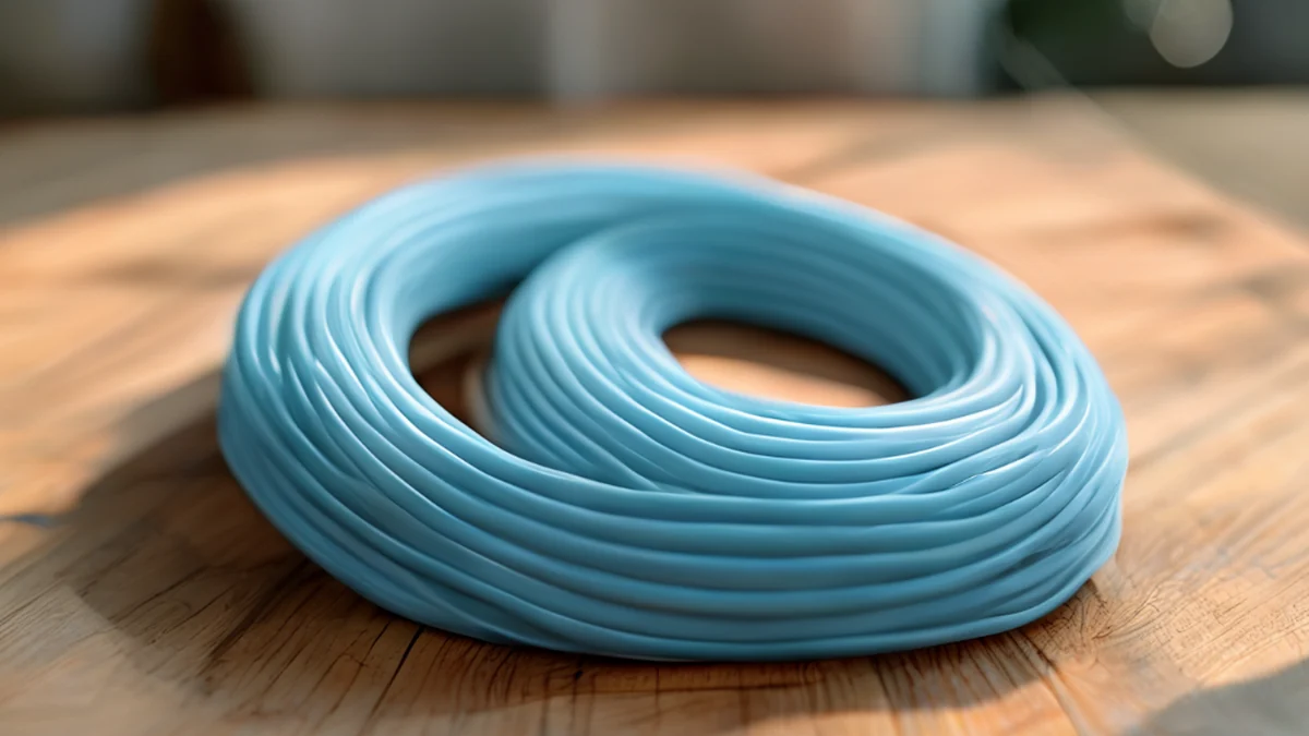 Tubo da giardino plastico, blu chiaro, avvolto, liscio, su tavolo in legno, luce calda, campo di profondità basso, fotorealistico, dettagli alti