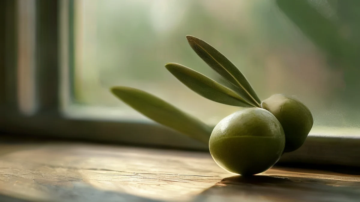 Olivine, rechte vorm, groen, houtoppervlak, zachte ramenlicht, zachte scherping, fotorealistisch, scherp focus, hoge details
