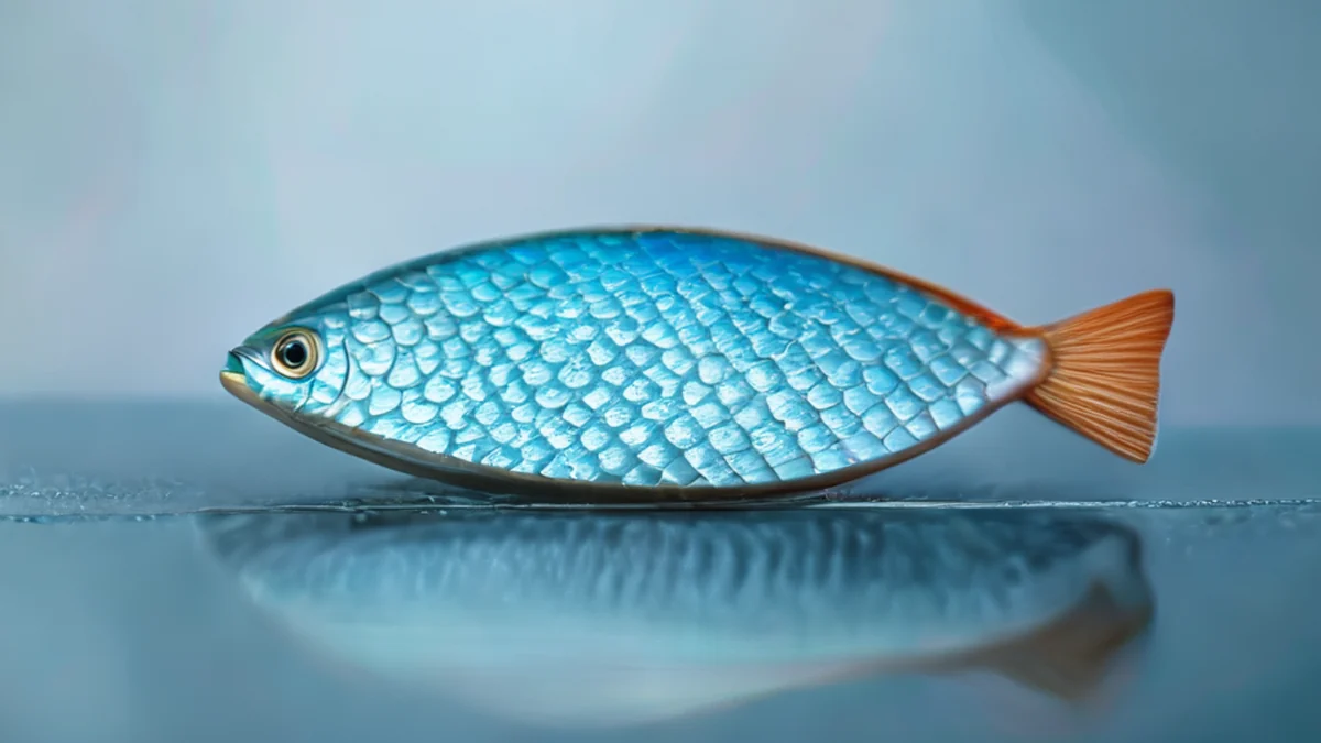 Een vis schubberig toont een texturering, schichtige oppervlak met een donkere kern en lichtere rand.