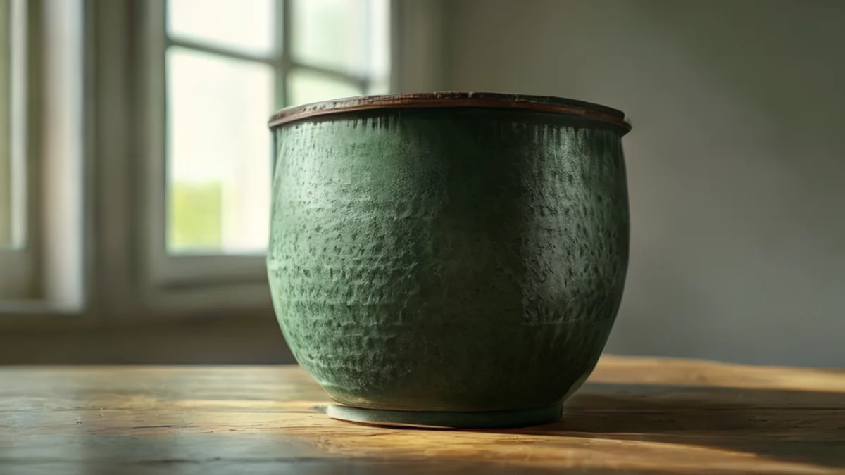 Um grande recipiente cilíndrico de cerâmica verde escura, com superfície ondulada e uma pequena abertura, sobre uma mesa de madeira simples sob luz suave de janela, campo de profundidade suave, foto realista.