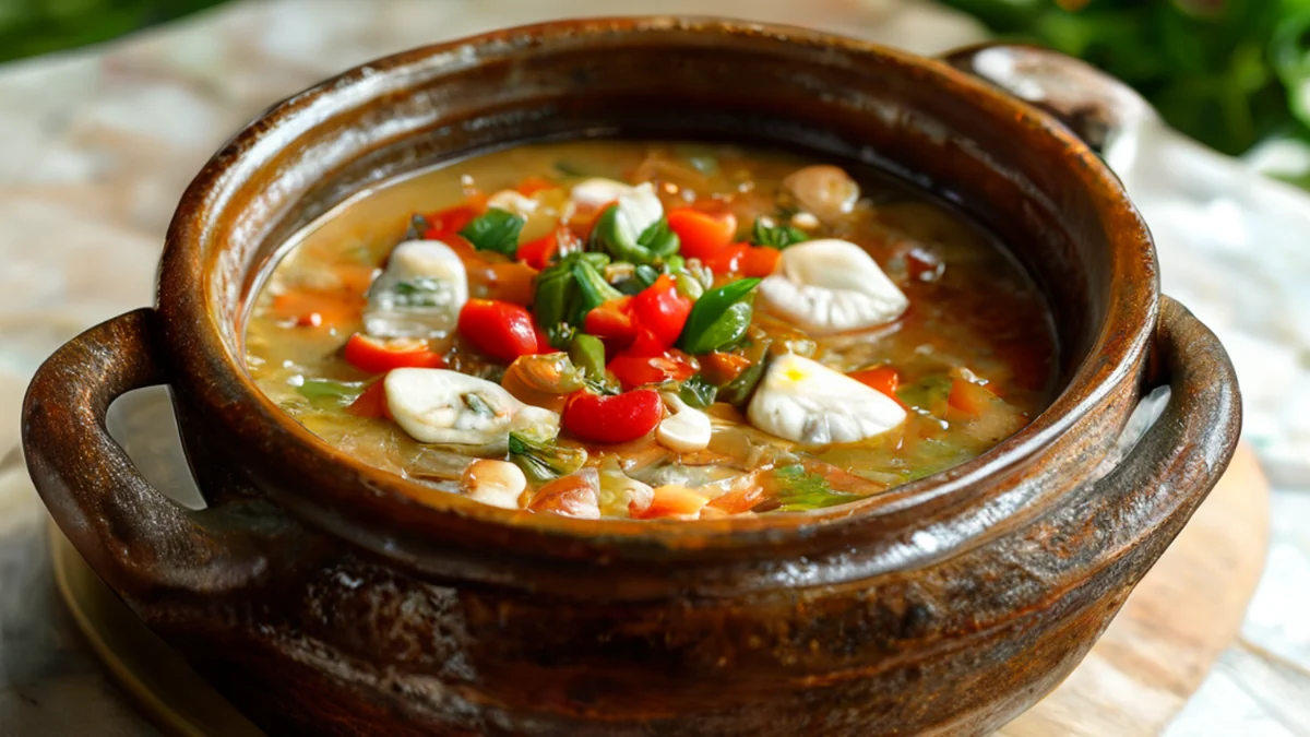 Um caldeirão de barro com peixe e vegetais cozinhando em uma sopa tradicional brasileira.