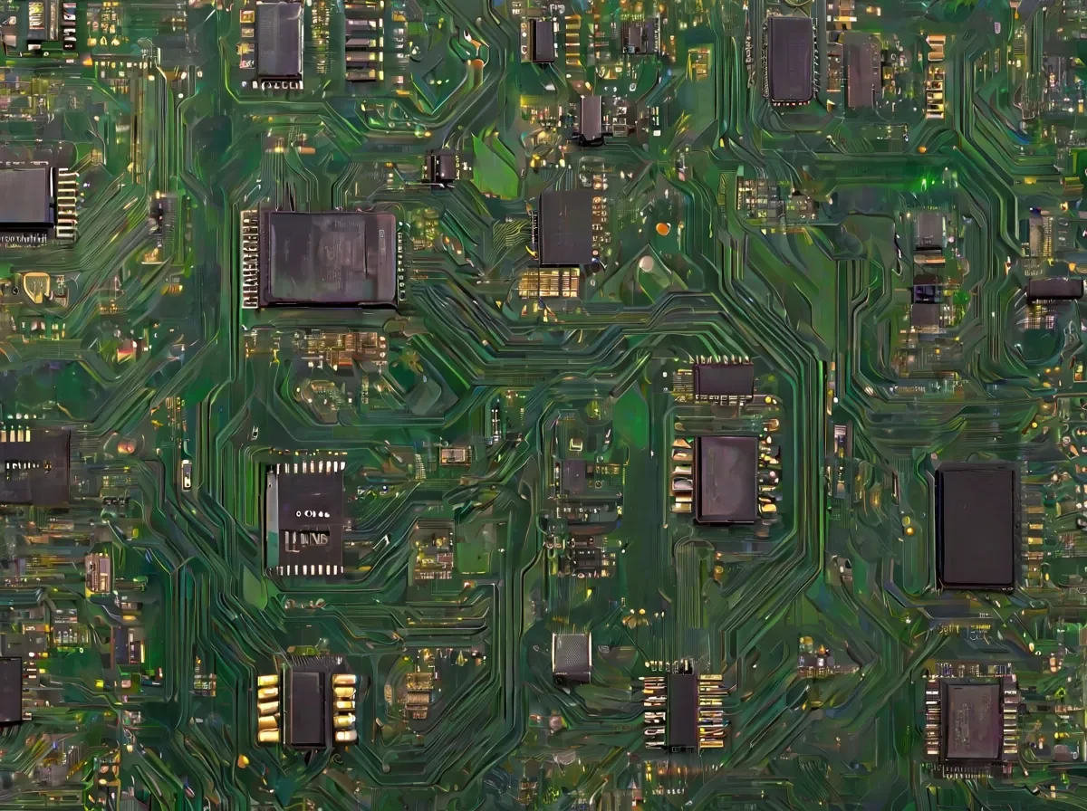 Close-up de um microchip montado em uma placa de circuito verde