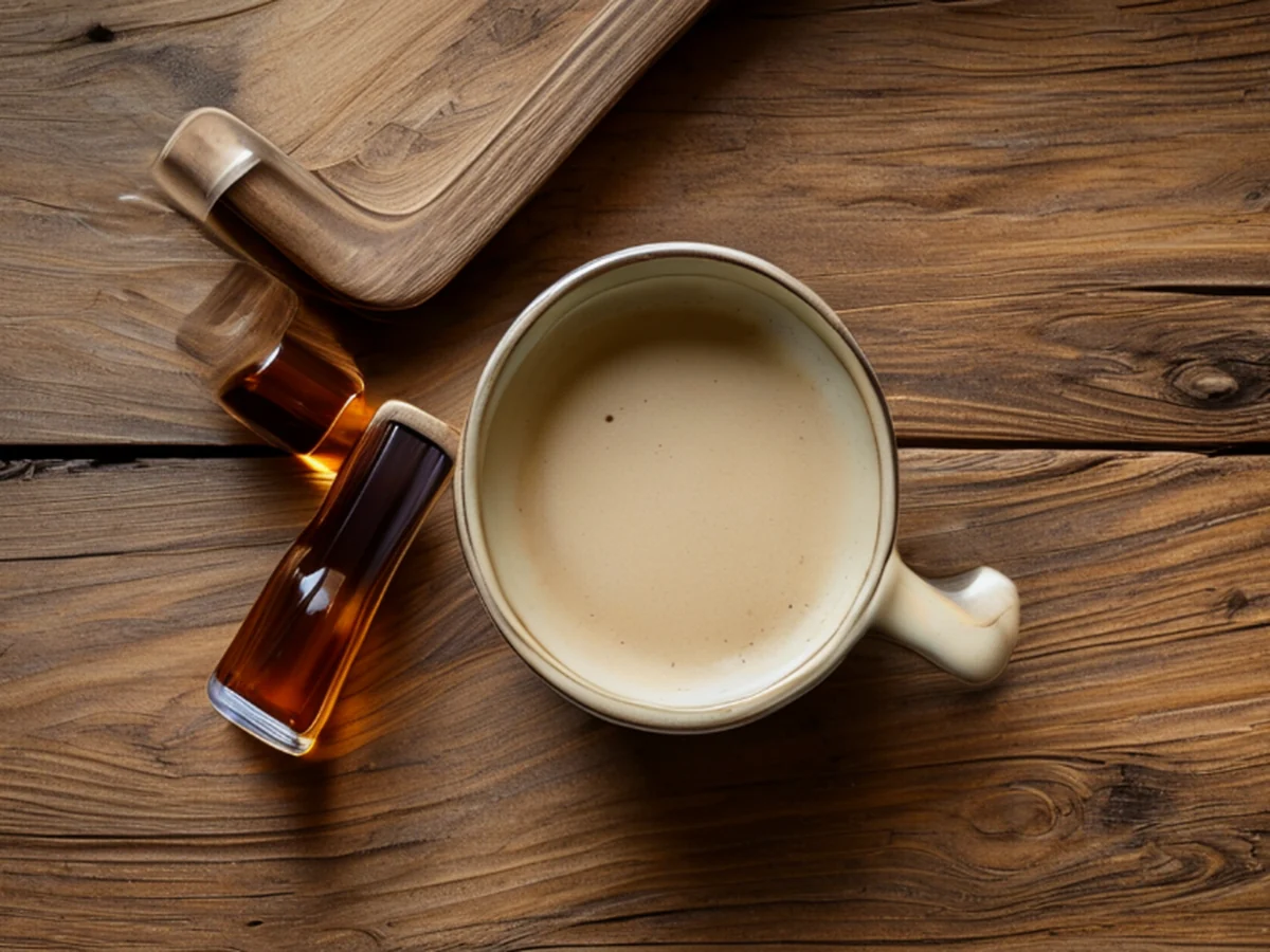 close detail of the main object, overhead view of a flat lay with a ceramic mug, a glass vial, and a wooden tray
