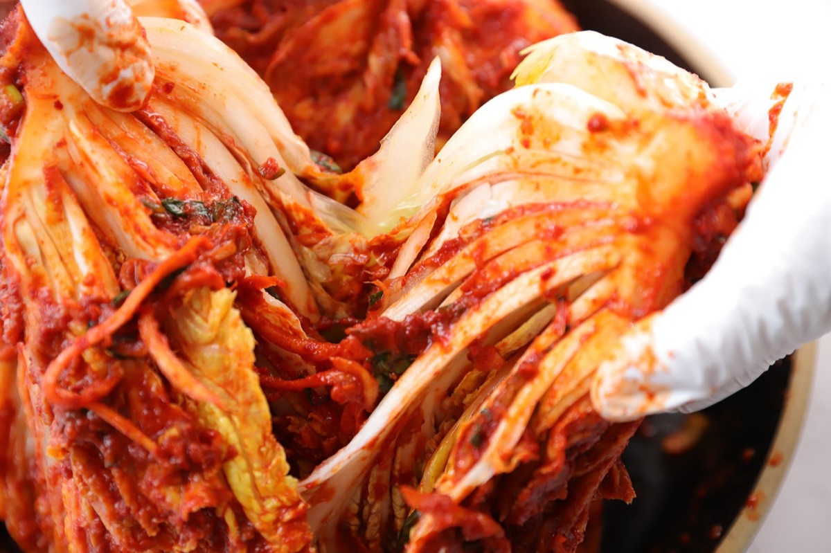Close-up of fermented vegetables showing natural fermentation textures.