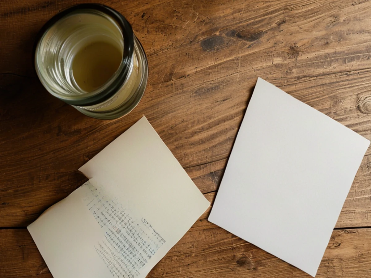 close detail of the main object, overhead view of a wooden table with a glass jar, a ceramic mug, and a paper pamphlet arranged in a flat lay
