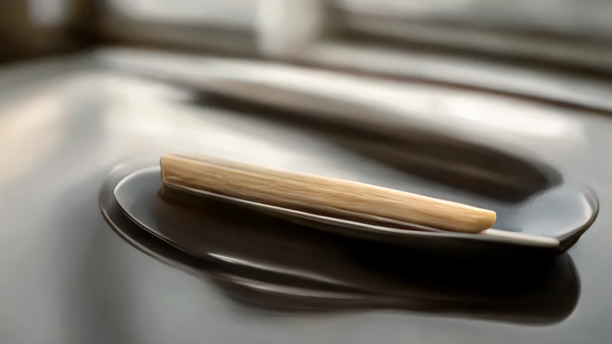 A single, slender vanilla stick, light brown with a smooth surface, resting on a glossy black ceramic plate, under soft window light, shallow depth of field, photorealistic, sharp focus, high detail