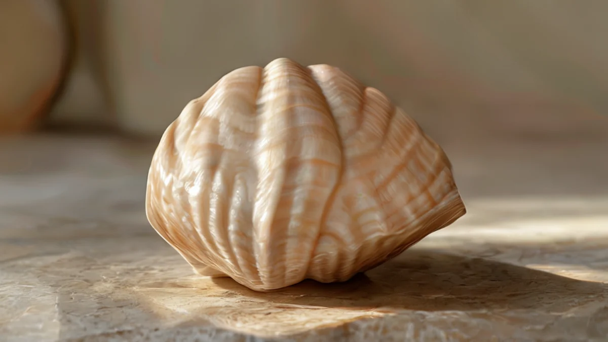 Une grande conchille lisse, couleur beige pâle, surface brillante, posée sur un comptoir en pierre sous une lumière chaude latérale, champ de profondeur faible, photoréaliste, focus net, détails élevés