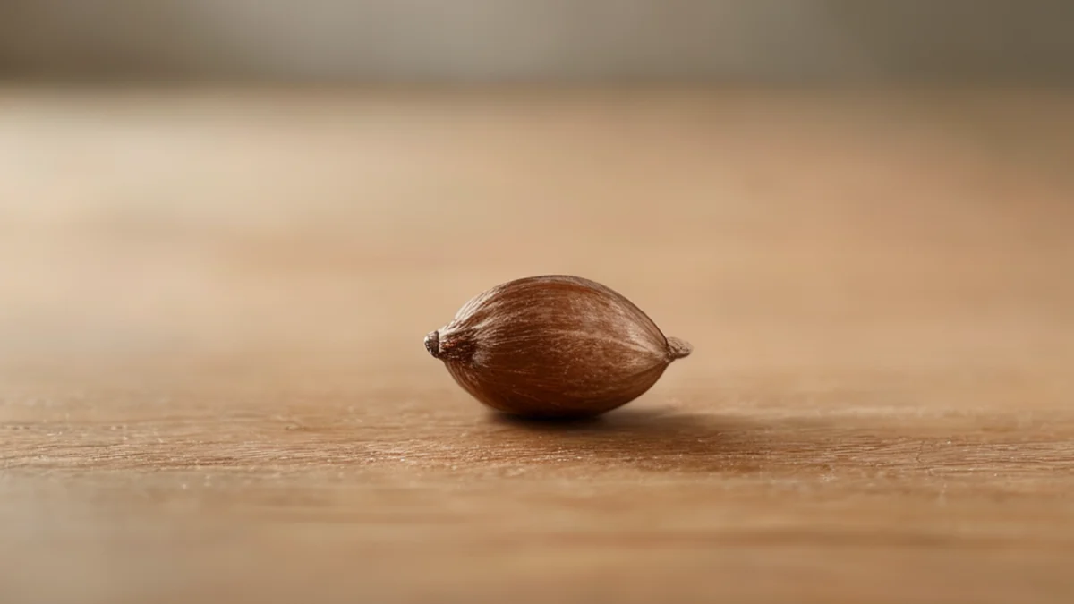 Ein einzelner Kardamom-Kern, klein und rund, dunkelbraun, auf einem holzernen Tisch, unter einem Softbox-Beleuchtung, flache Schärfe, photo-realistisch, scharfe Schärfe, hohe Details