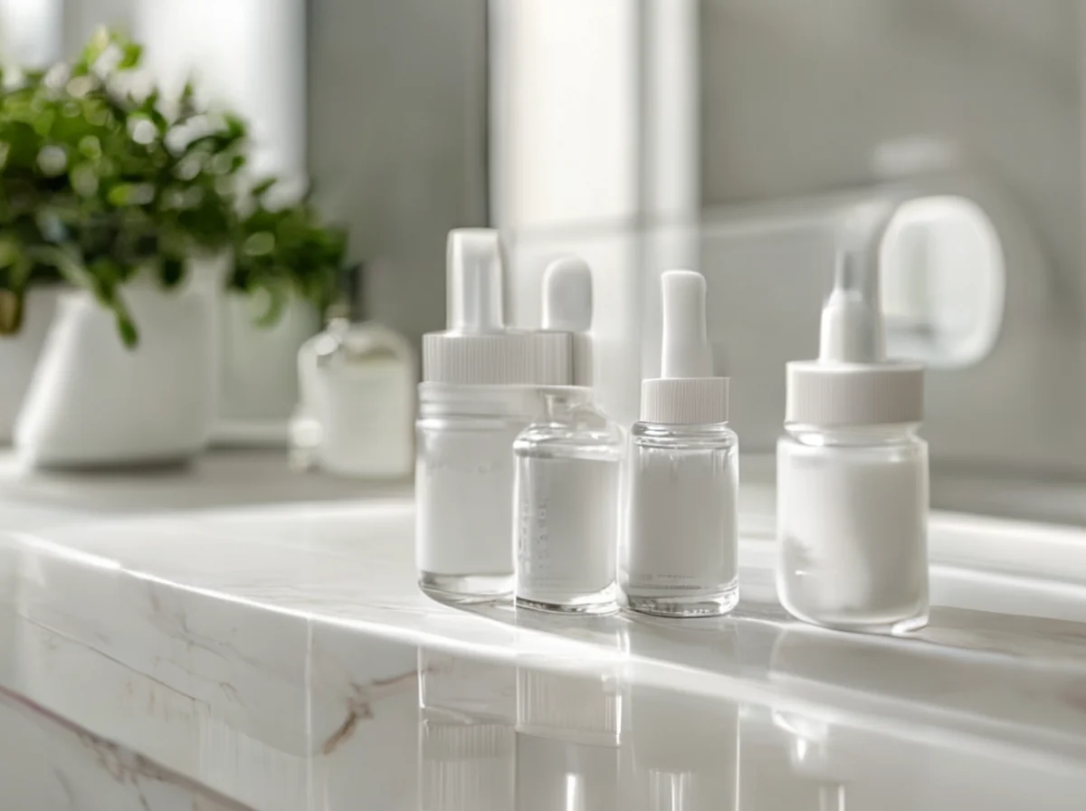 skincare bottles on bathroom counter