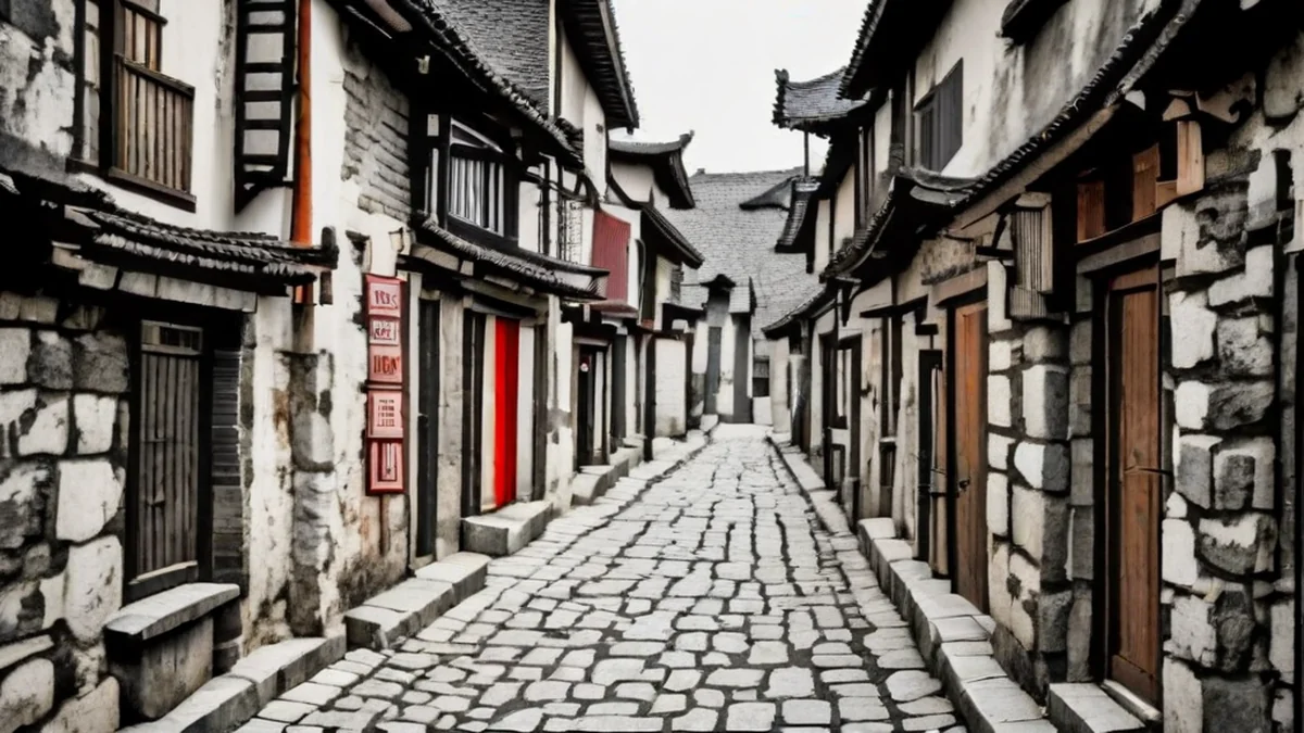 Tourist walks through a narrow alleyway between buildings.