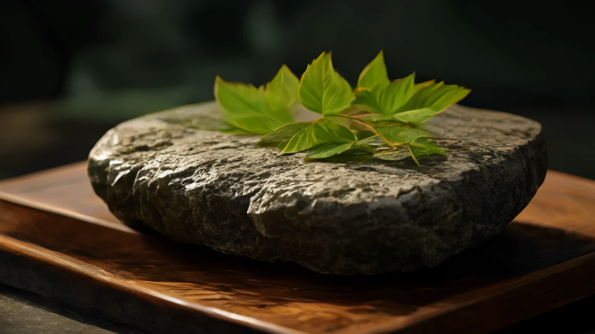 Filtro de piedra con hojas verdes, textura áspera, verde oscuro, sobre una bandeja de madera, luz cálida, lente 85mm, profundidad de campo suave, realista, detalles nítidos