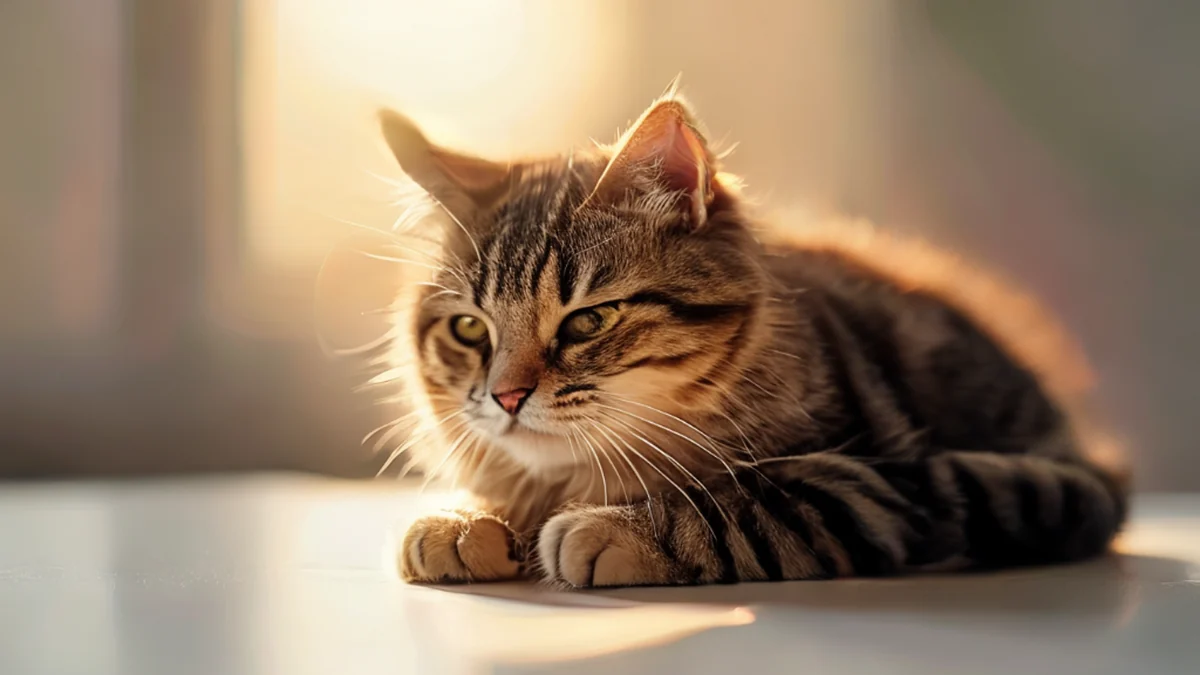 猫の胃、柔らかなフワフワの毛と黒いワイヤー、平たい白いテーブルに座っている、ゴールドタイム、浅いフォーカス、写実的な、鋭いフォーカス、高い詳細度