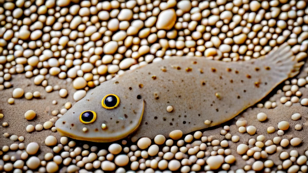 Um peixe plano está em um fundo de areia, sua cor se adapta ao substrato.