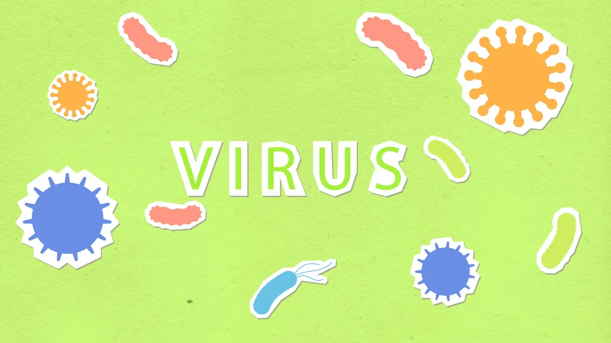 Paper cutout of Virus inscription on green background with abundance of different types of dangerous microorganisms during coronavirus disease pandemic